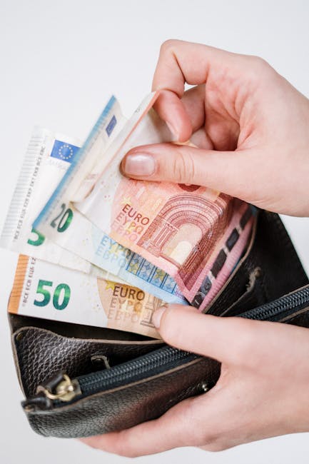 A close-up of a person's hand reaching into a black leather wallet filled with various Euro banknotes, including €20, €50, and €10 notes, with the thumb and index finger gripping a folded €20 