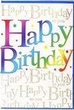 The front of this birthday card offers a lively mix of bold colour and delicate script, making it an ideal companion to a fresh arrangement from Florist Marylebone. At its heart, the greeting Happy Birthday stretches across the card in large, friendly letters, each one filled with a different hue in a smooth, continuous rainbow. The colours progress from rich red and warm tangerine to clear yellow, leaf green, teal, deep sapphire, and royal purple, their edges softly blending as though the ink has gently bled into the card's surface. This flowing spectrum creates a sense of motion and joy, reminiscent of colourful balloons bobbing above a birthday table in a Marylebone townhouse. Behind this central text, the background is fully covered with delicate golden handwriting, where Happy Birthday to you is repeated line after line in elegant, slightly slanted cursive. The script appears fine and precise, like a carefully penned note, and the metallic ink glows subtly when it catches the light, similar to the way late afternoon sun highlights stone details along Gloucester Place. Tiny stars and confetti-like marks, in tones that echo the rainbow letters, are sprinkled across the design, adding a playful sparkle without stealing focus. The surface of the card appears smooth and refined, likely with a gentle shine that enhances the richness of the colours. Together, the bold typography and the intricate golden script convey both fun and affection-a sense that this is not just any birthday card, but one chosen with care. It feels ideal for slipping into an envelope alongside concert tickets or a restaurant voucher for a celebratory evening near Wigmore Hall, ready to brighten someone's special day the moment they see it.