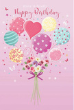 A whimsical birthday scene plays out against a tender pink background that evokes the soft hues of Marylebone at dusk, when the sky blushes above the rooftops. At the top of the image, pastel balloons gather in a joyful cluster, some perfectly round, others gently elongated, all overlapping to create a layered, airy effect. Their colours-blush pink, seafoam green, mellow yellow, and a whisper of lilac-blend gracefully, with each balloon decorated in its own lively way. Candy-striped ribbons spiral around some, while others are dotted with playful spots or adorned with subtle floral and swirl patterns. A standout heart-shaped balloon sits near the centre, quietly signalling affection and making this design unmistakably suited for a birthday filled with love. Suspended beneath the balloon canopy is a hand-tied bouquet brimming with roses and anemone-like blooms. Their petals look soft and slightly ruffled, rendered in creamy ivory, blush, and gentle mauve, as if they've just been selected by a florist from a fresh delivery. The stems gather at the base, neatly secured with a violet satin bow whose sheen hints at careful craftsmanship. Scattered around the bouquet and balloons are tiny star motifs and fluttering butterfly shapes, enhancing the light, magical feeling, as though a warm breeze from nearby Regent's Park has lifted the arrangement. The artwork is bathed in a diffused glow, creating a sense of calm, joyful celebration rather than noisy festivity. It feels like the illustrated counterpart to a thoughtfully chosen birthday bouquet delivered across Marylebone, intended to make the recipient feel seen, cherished, and part of something beautifully planned.