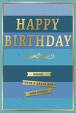 This sophisticated birthday card brings together tranquil blue tones and refined gold accents in a way that feels perfectly suited to Marylebone's understated charm. The foundation of the design is a series of wide, horizontal blue stripes, moving from deep navy at the top through rich teal and denim to gentle, misty sky blues near the bottom. These graduated bands resemble the layered colours of the sky you might notice strolling from Marylebone High Street towards Paddington Street Gardens on a clear evening. In the very center, the message HAPPY BIRTHDAY is embossed in gold, the letters slightly raised and confidently spaced, giving the impression of quality craftmanship. The gold has a soft, luminous glow, catching the light in subtle flashes rather than brash sparkles, which lends the card a quiet sense of luxury. Just beneath this main greeting, an ornate yet restrained golden flourish stretches across the card, its fluid lines adding a hint of romance and tradition. Below the flourish sit three slim gold banners, neatly lined up and embossed with the reassuring words: Relax, have a great day and enjoy! These phrases read like a gentle reminder to step away from the city rush and allow the day to unfold at a slower pace. A fine gold border traces the outer edge of the card, containing the entire composition with elegance and precision. One can easily imagine this card displayed beside a fresh birthday arrangement from Florist Marylebone, the cool blues echoing the calm of nearby parkland, and the warm gold script capturing the intimate, thoughtful nature of a well-chosen birthday greeting in the heart of W1.